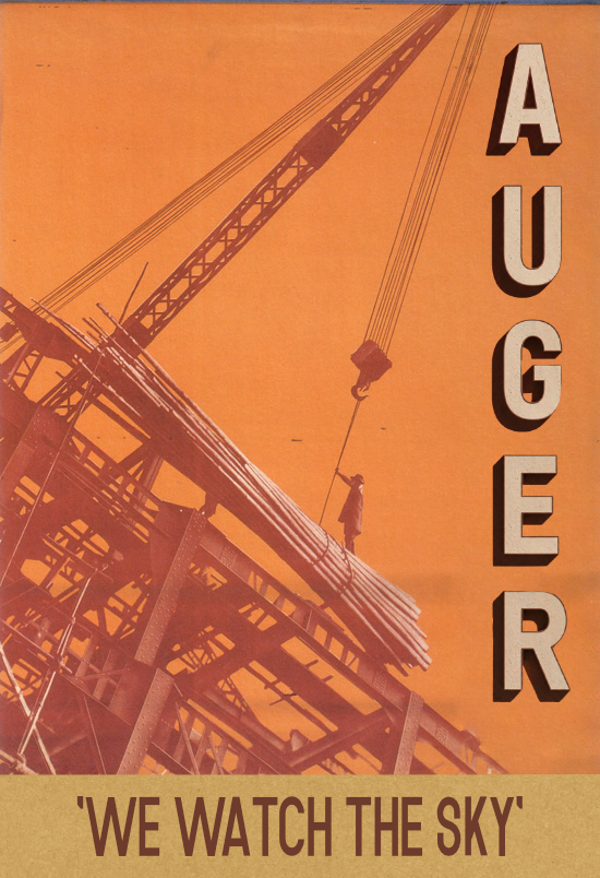 Auger poster: a steelworker on a crane under the sky, with the line We watch the sky